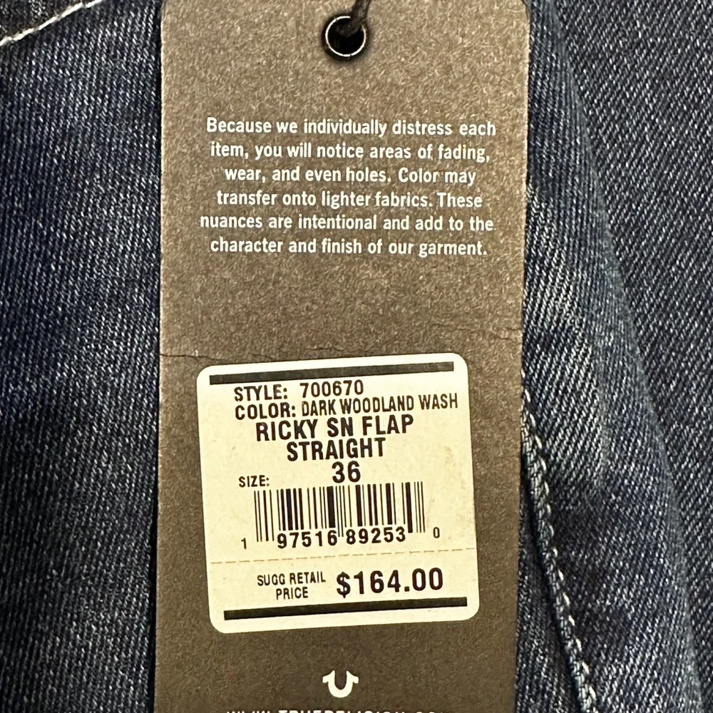 True Religion Ricky Straight Jeans Mens 36x34 Dark Wash Flap Pocket NWT
